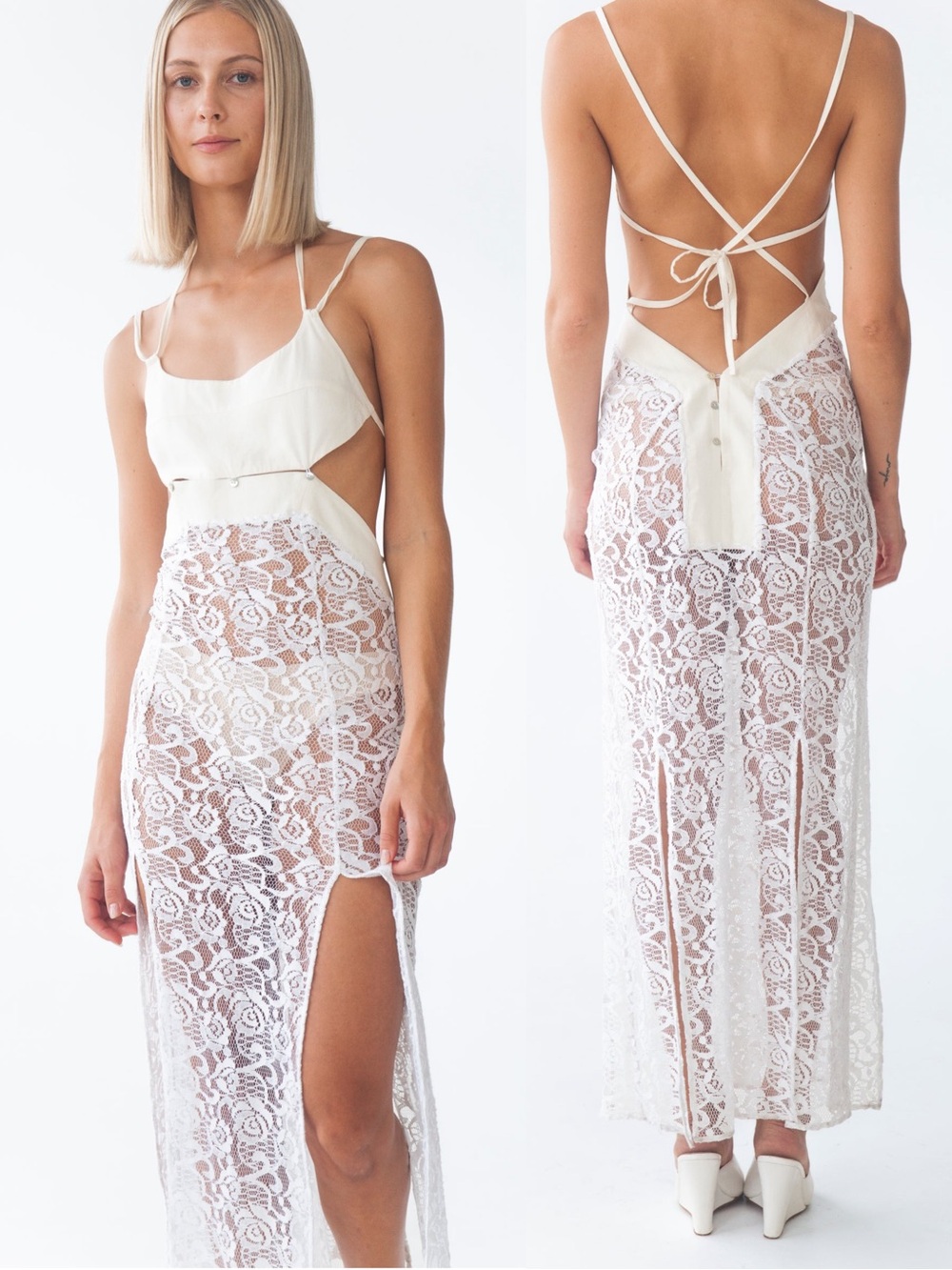Kettel Atelier Coco Linen Lace Dress Ivory Cutout Open Back Maxi Large NWT